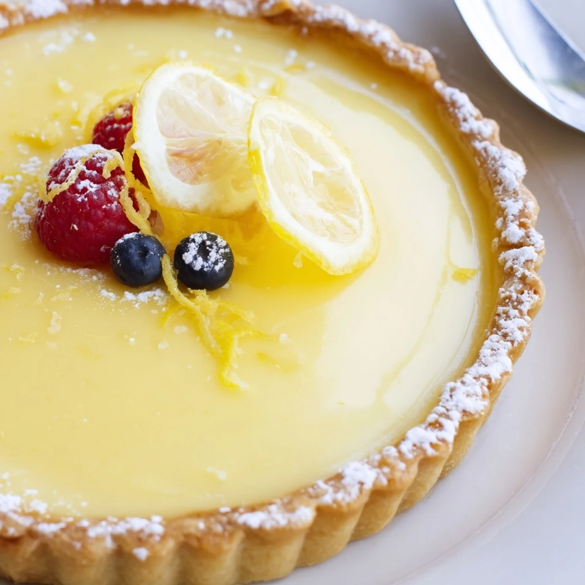 Slice of Creamy Lemon Tart Recipe revealing glossy filling and flaky buttery crust