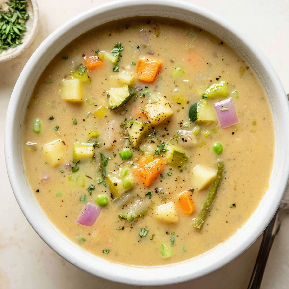 Warm Creamy Vegetable Soup Recipe ladled over crusty bread, rustic kitchen setting
