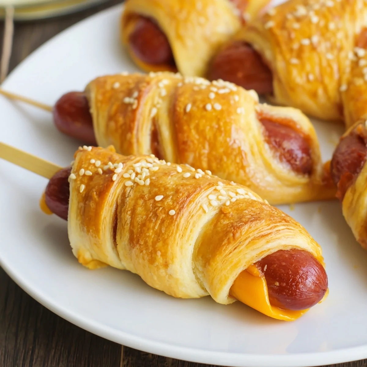 Golden baked Firecracker Hot Dogs Recipe on parchment, brushed with buttery sheen