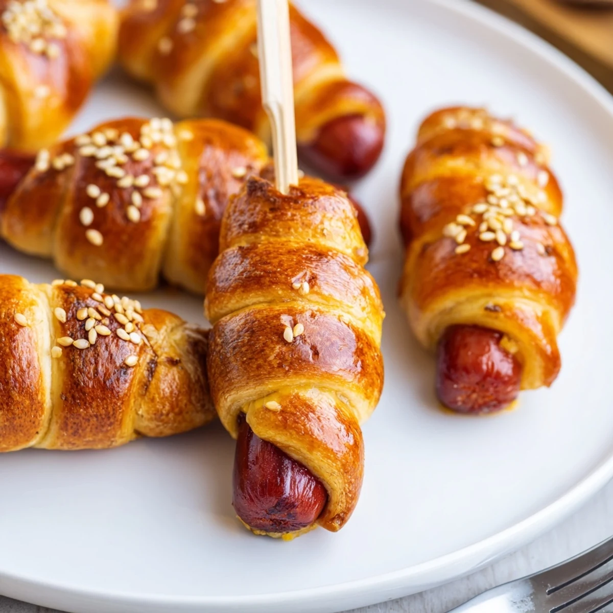 Warm Firecracker Hot Dogs Recipe skewered like party poppers, sesame-speckled, inviting