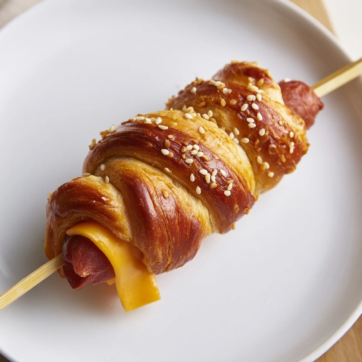 Crisp spiral dough hugging Firecracker Hot Dogs Recipe, served with ketchup dip