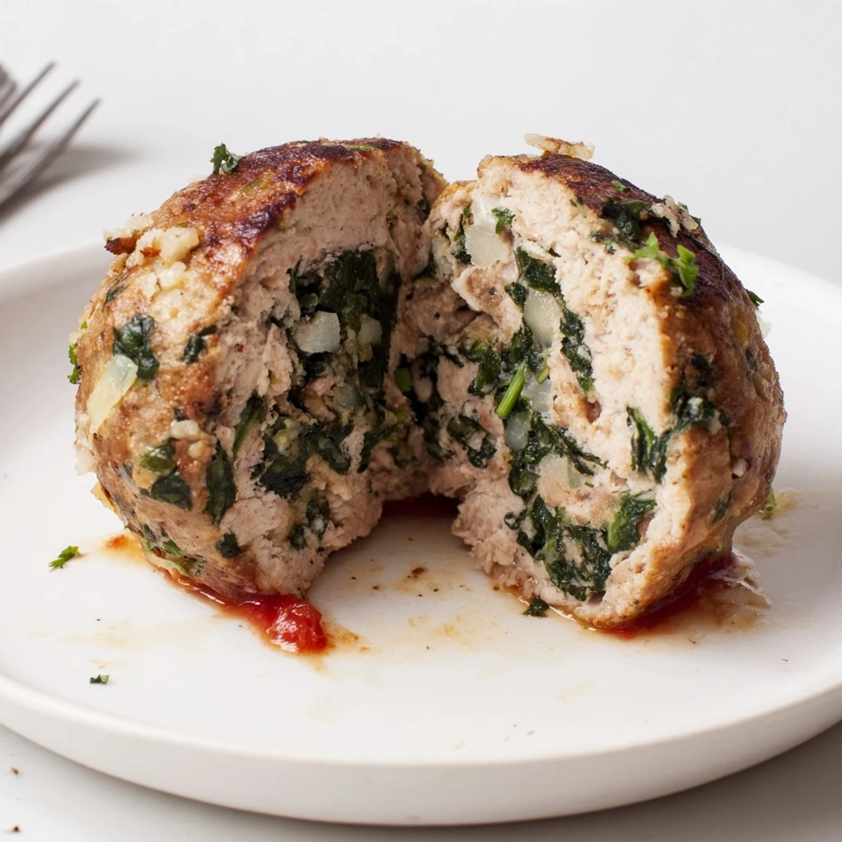 Herbed tomato sauce pools around skillet of Low Carb Spinach Chicken Meatballs.