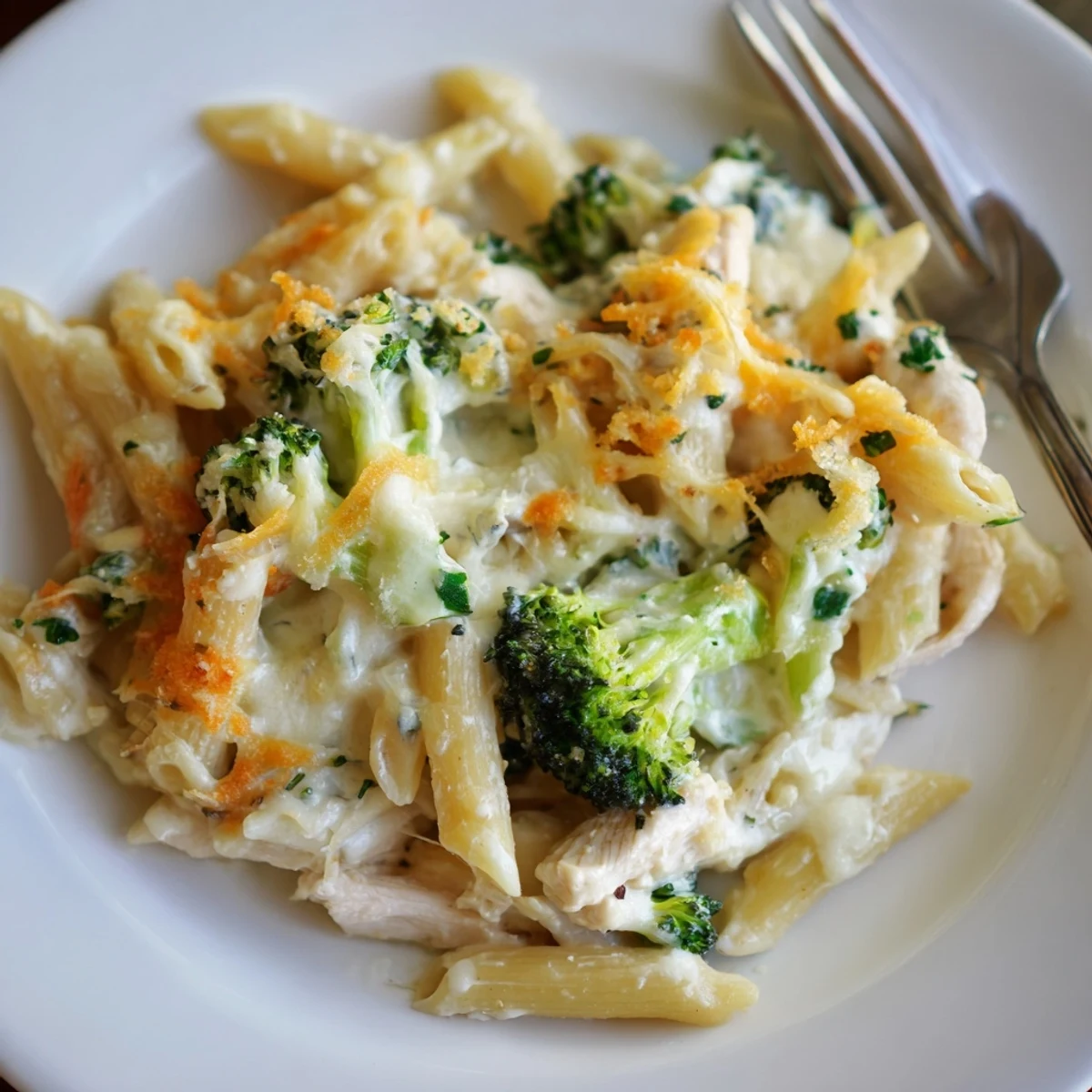 Oven-browned Chicken Broccoli Alfredo Bake served with garlic bread and parsley