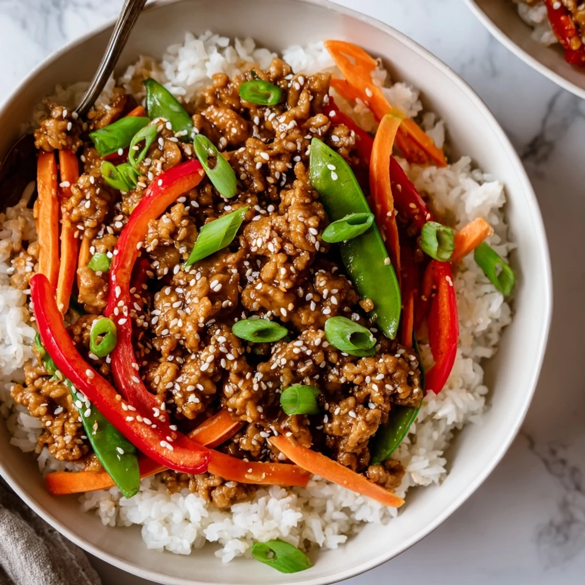 Steaming Teriyaki Turkey Rice Bowls topped with sesame seeds and sliced scallions