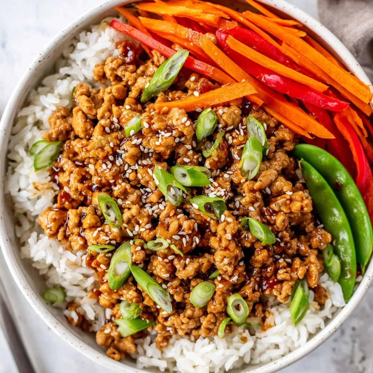 Weeknight Teriyaki Turkey Rice Bowls served warm with honey glazed turkey and veggies