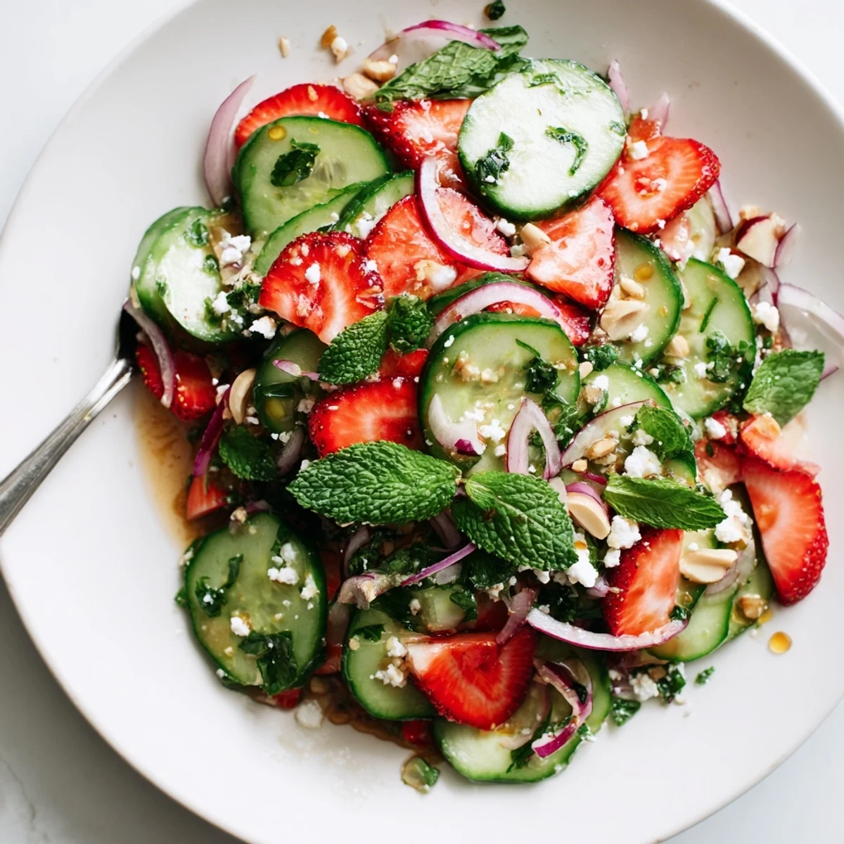 Cucumber Strawberry Salad Recipe with crisp cucumbers, sweet strawberries, bright mint  