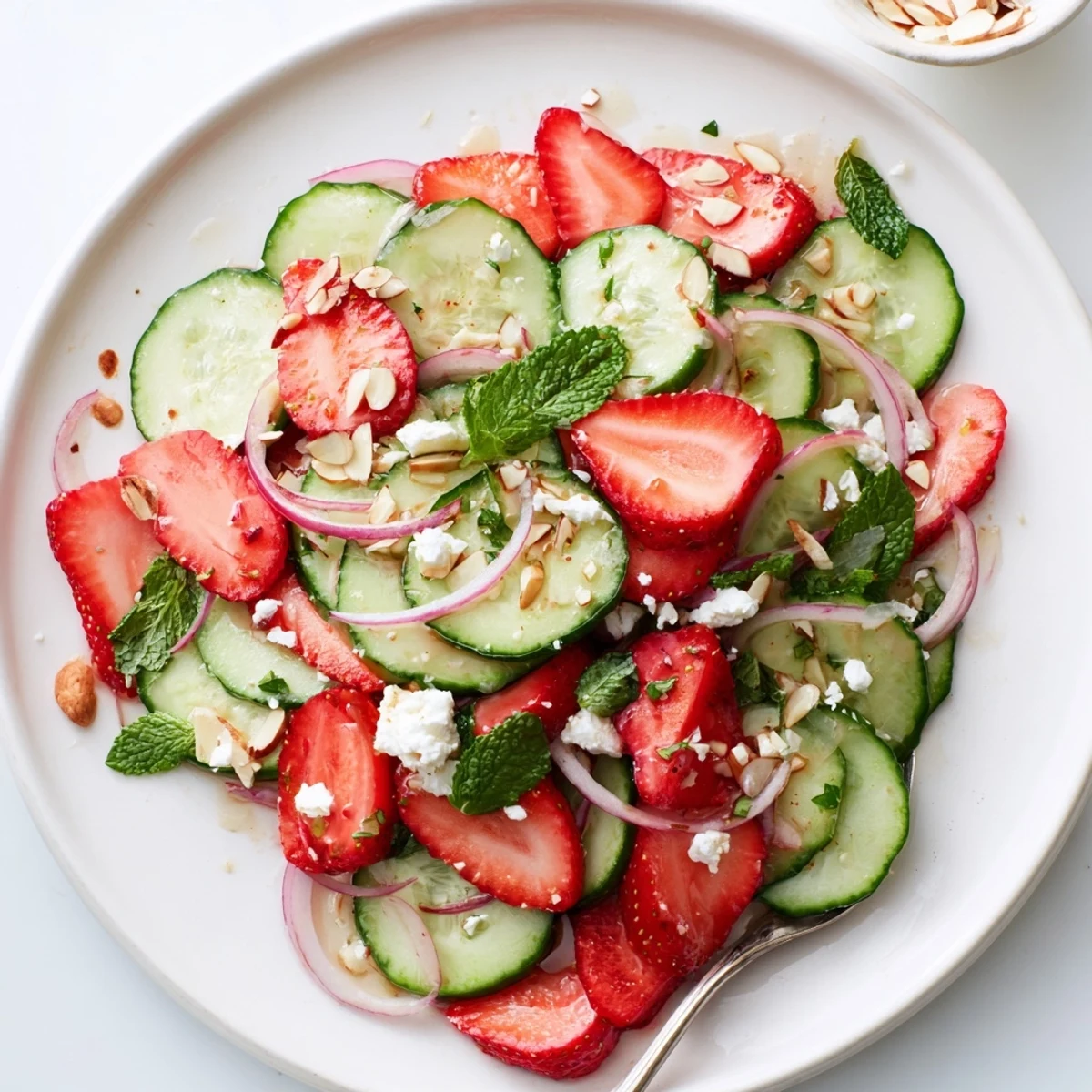 Chilled bowl of Cucumber Strawberry Salad Recipe tossed in tangy balsamic honey dressing  