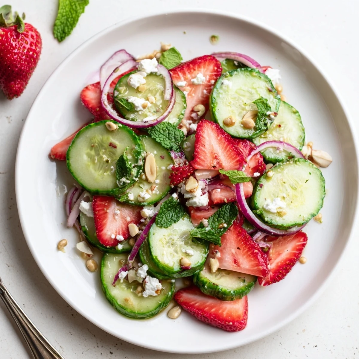 Serve Cucumber Strawberry Salad Recipe immediately for crunchy texture and refreshing sweetness