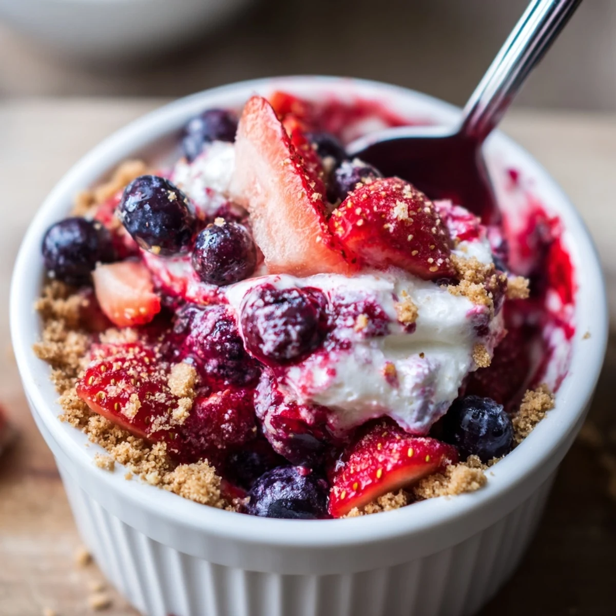 Berry No Bake Cheesecakes with glossy mixed berry compote and crunchy crust