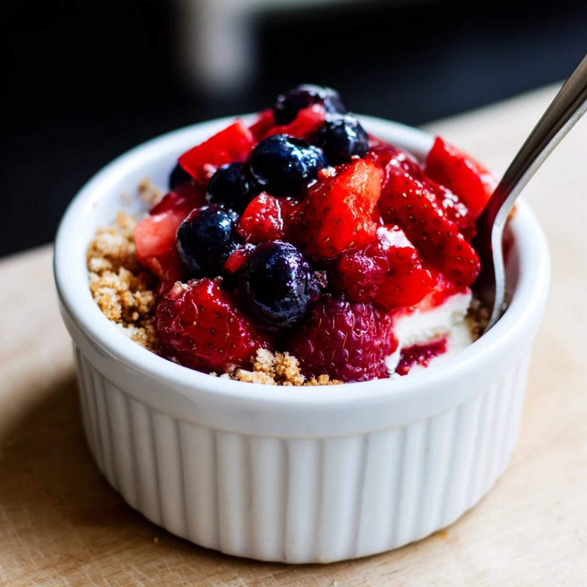 Creamy Berry No Bake Cheesecakes in ramekins, lemon zest and buttery base