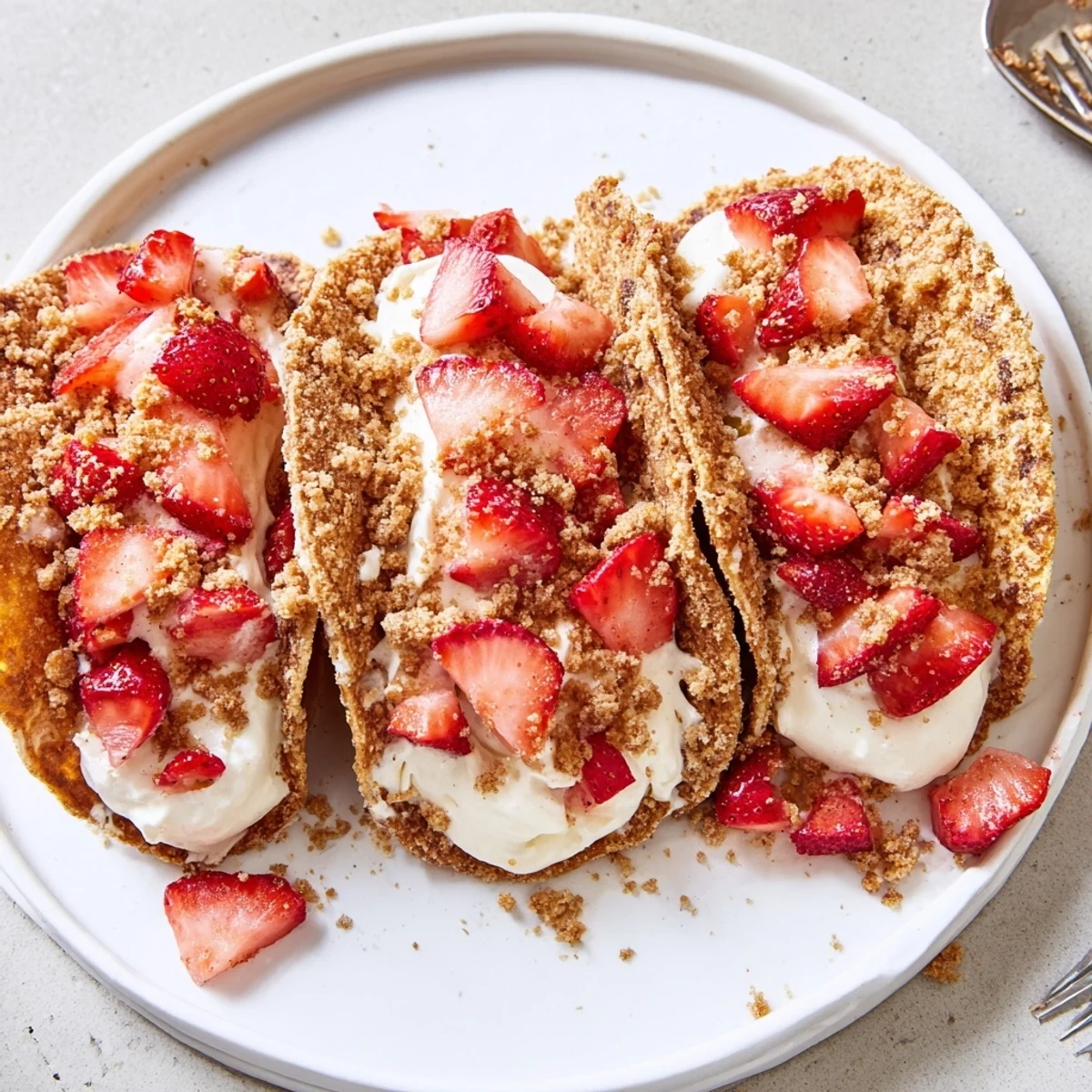 Strawberry Crunch Cheesecake Tacos with creamy filling and crunchy pink cookie rim