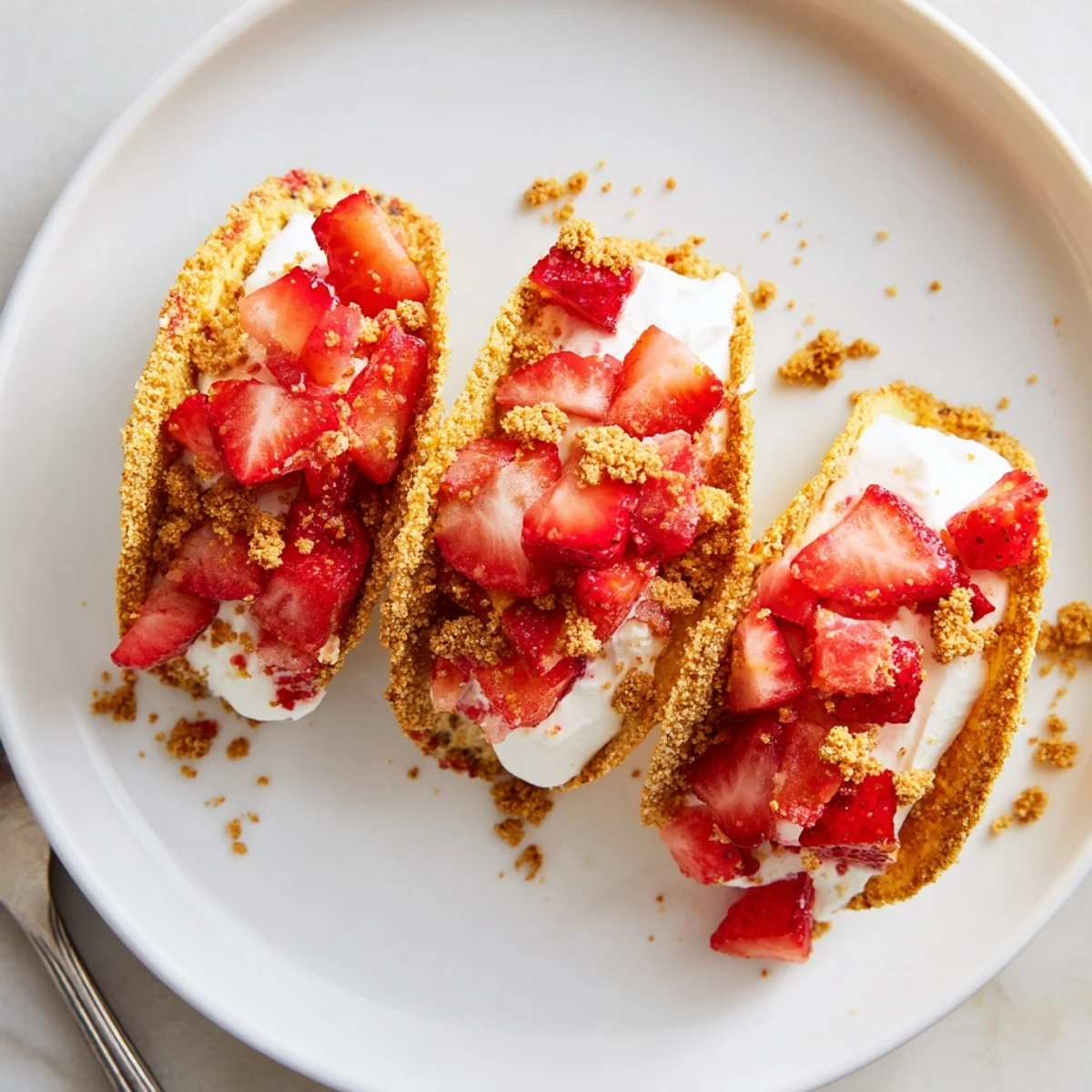 Golden shells hold Strawberry Crunch Cheesecake Tacos piped with silky whipped cream