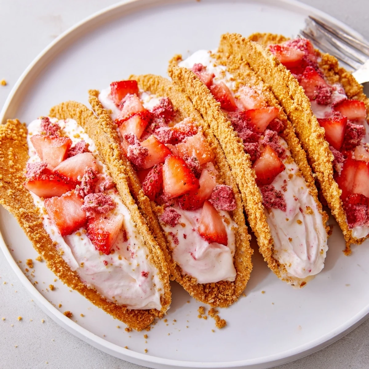 Plate of Strawberry Crunch Cheesecake Tacos topped with diced fresh strawberries