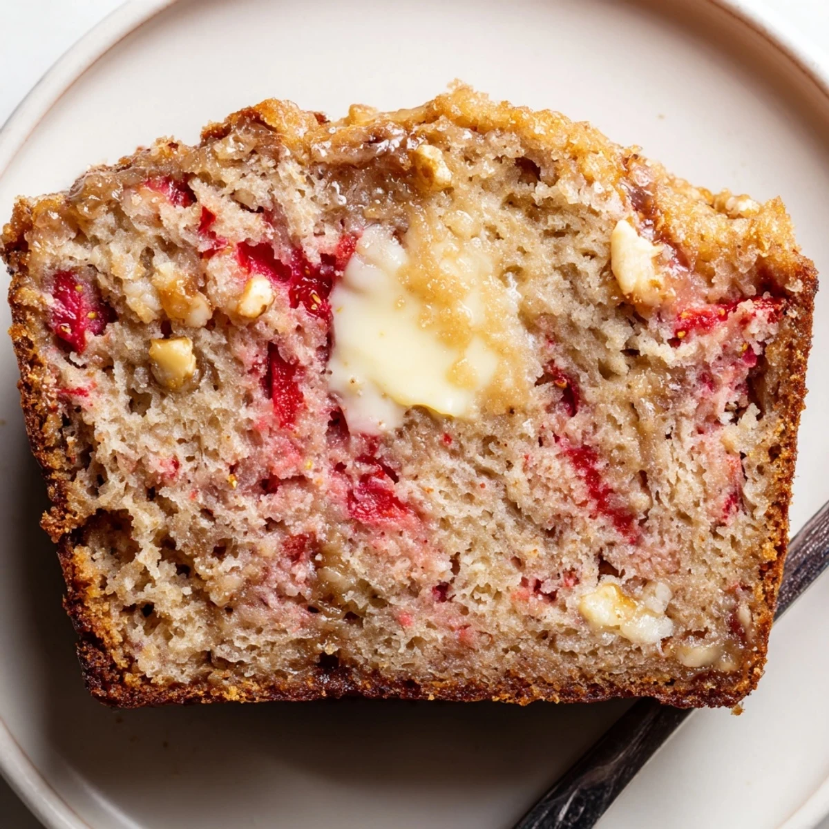 Warm Strawberry Banana Bread Recipe cooling on a wire rack, butter melting.