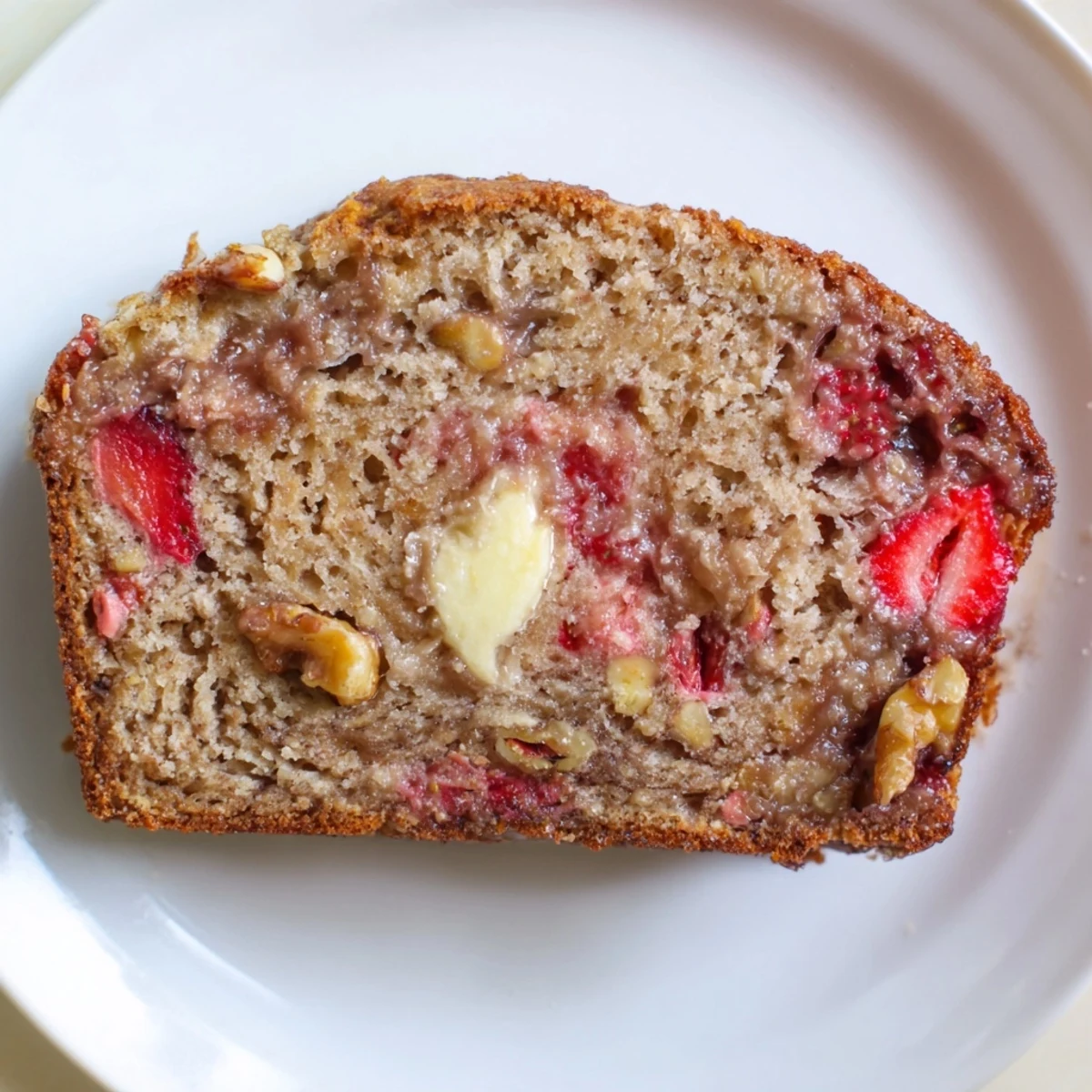 Sliced Strawberry Banana Bread Recipe on a plate, fragrant moist crumb visible.