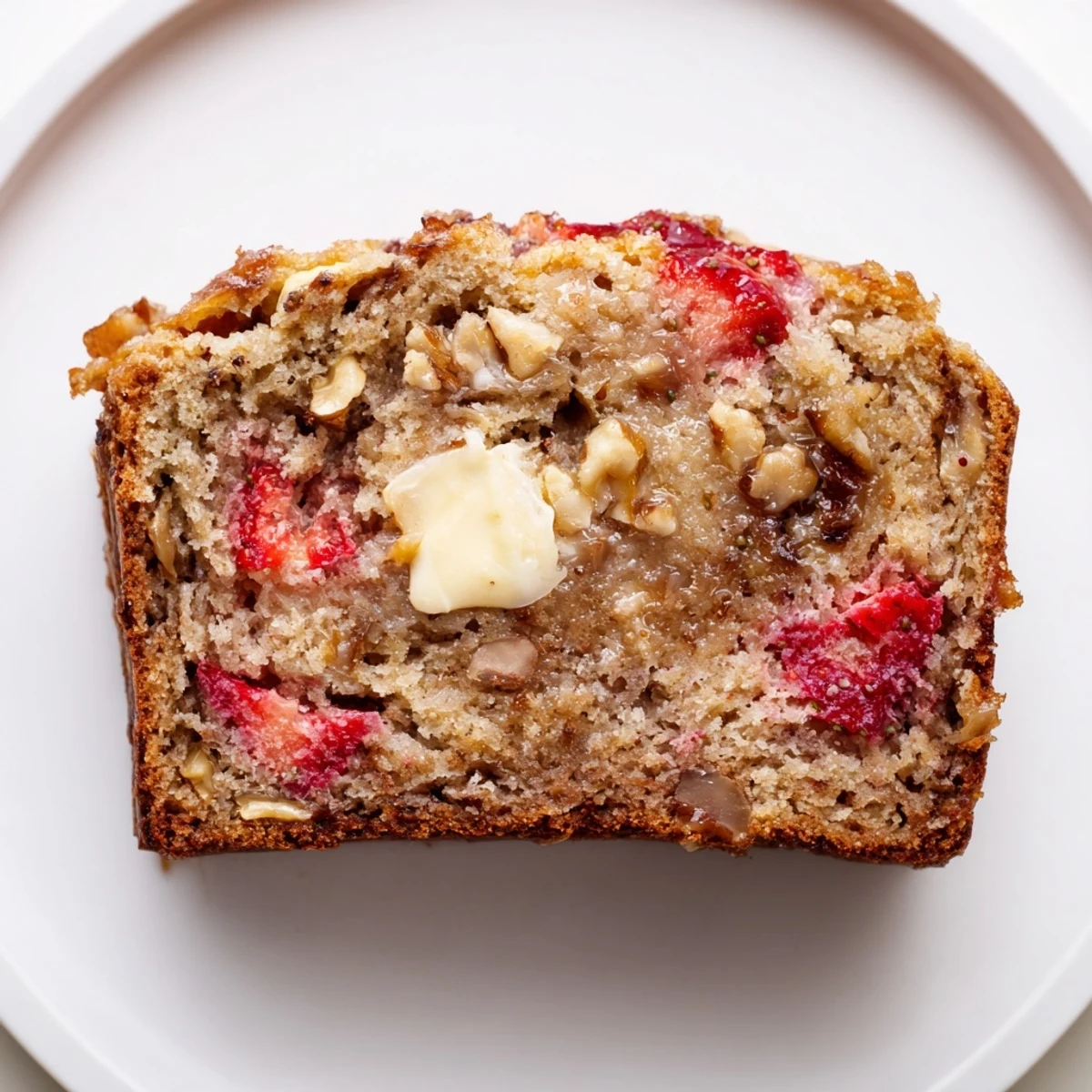 Homestyle Strawberry Banana Bread Recipe studded with diced strawberries and golden crust.