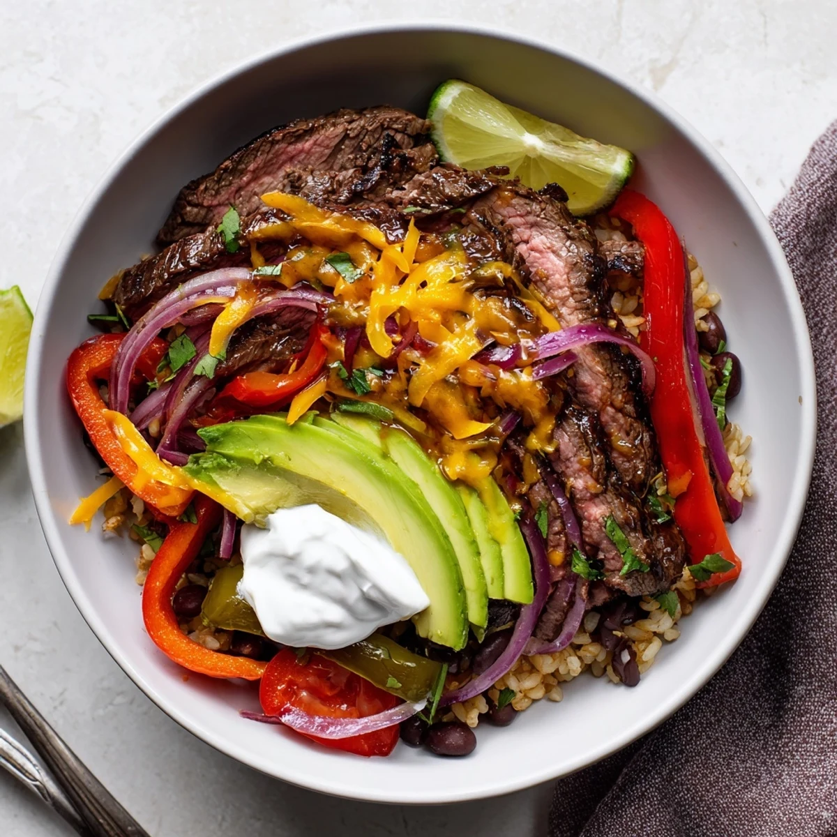 Steak Fajita Power Bowls with sizzling steak, charred peppers, creamy avocado