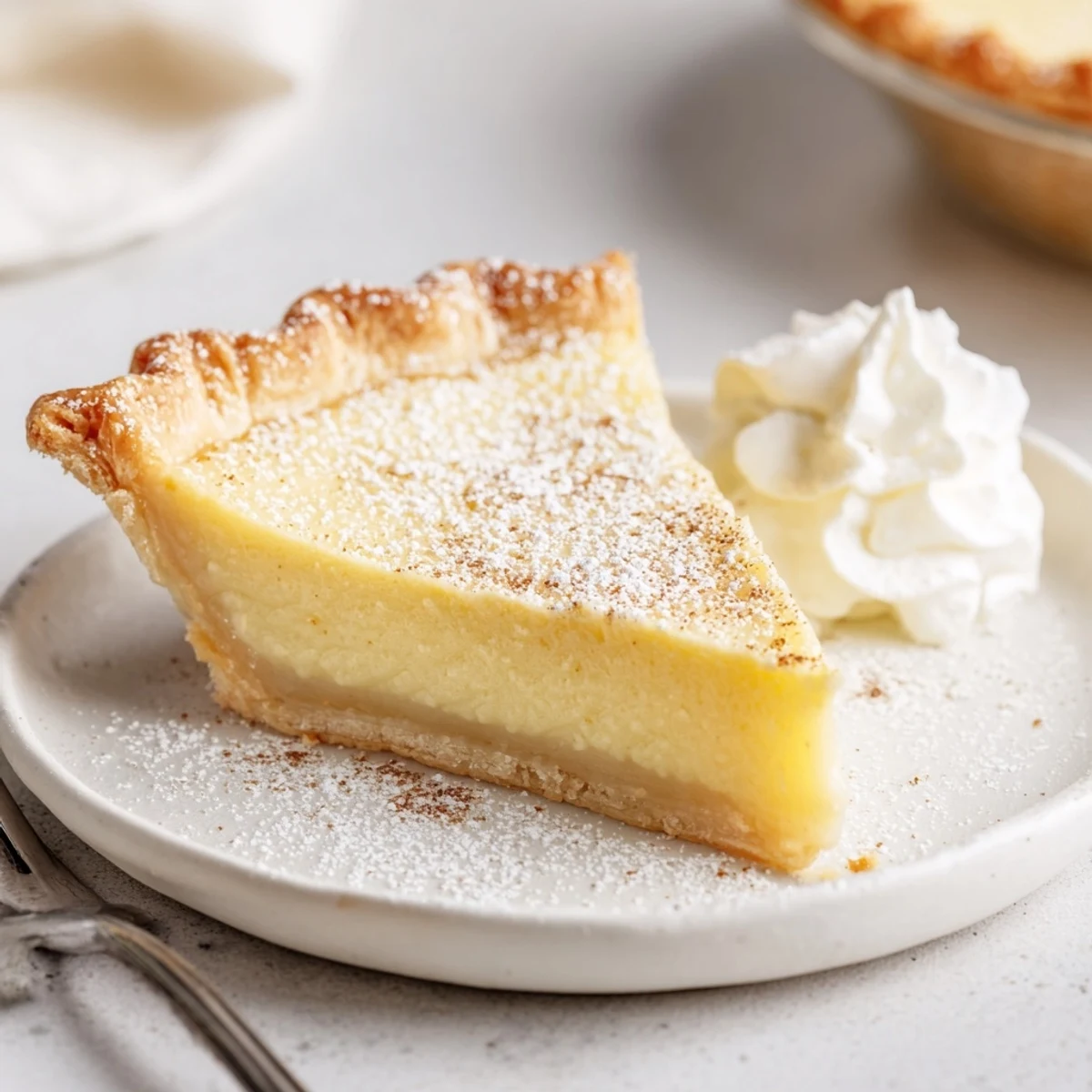 Christmas Eve Custard Pie With Cinnamon Vanilla cooling on rack, powdered sugar dusting
