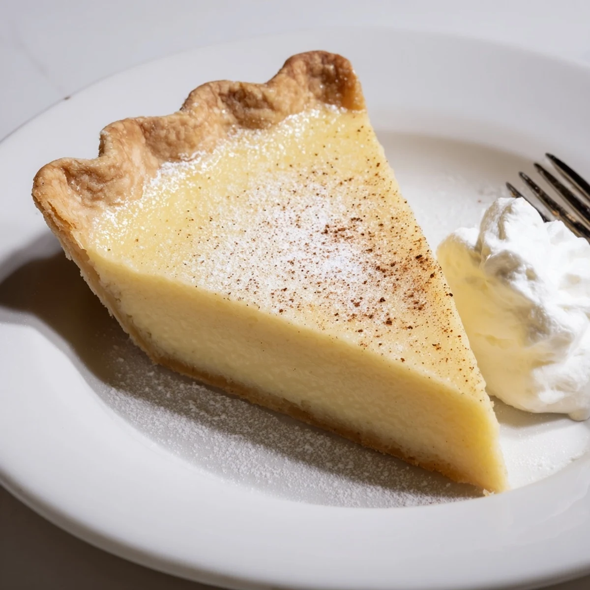 Slice of Christmas Eve Custard Pie With Cinnamon Vanilla topped with whipped cream