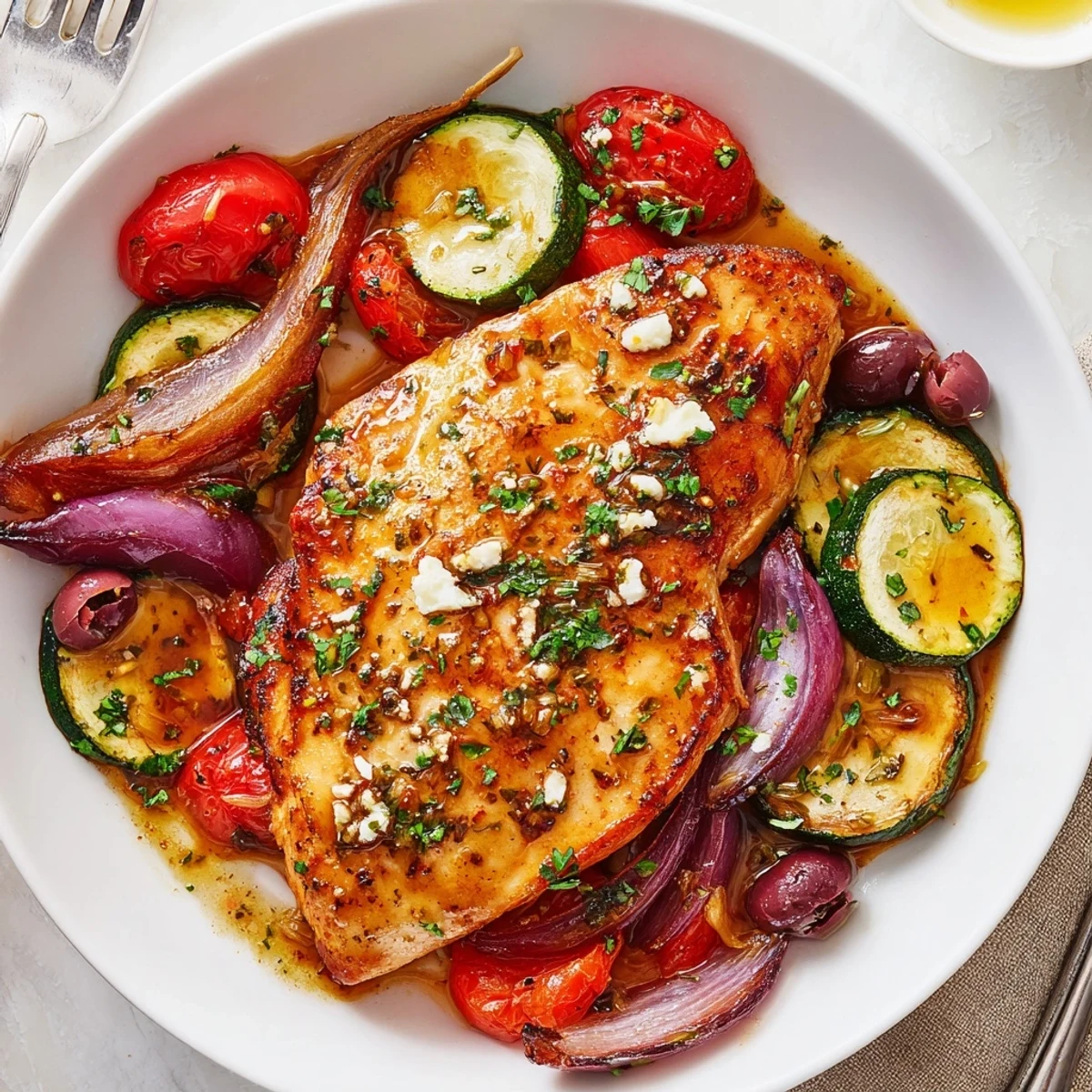 Sheet Pan Mediterranean Chicken Zucchini with golden roasted veggies, olives, and crumbled feta