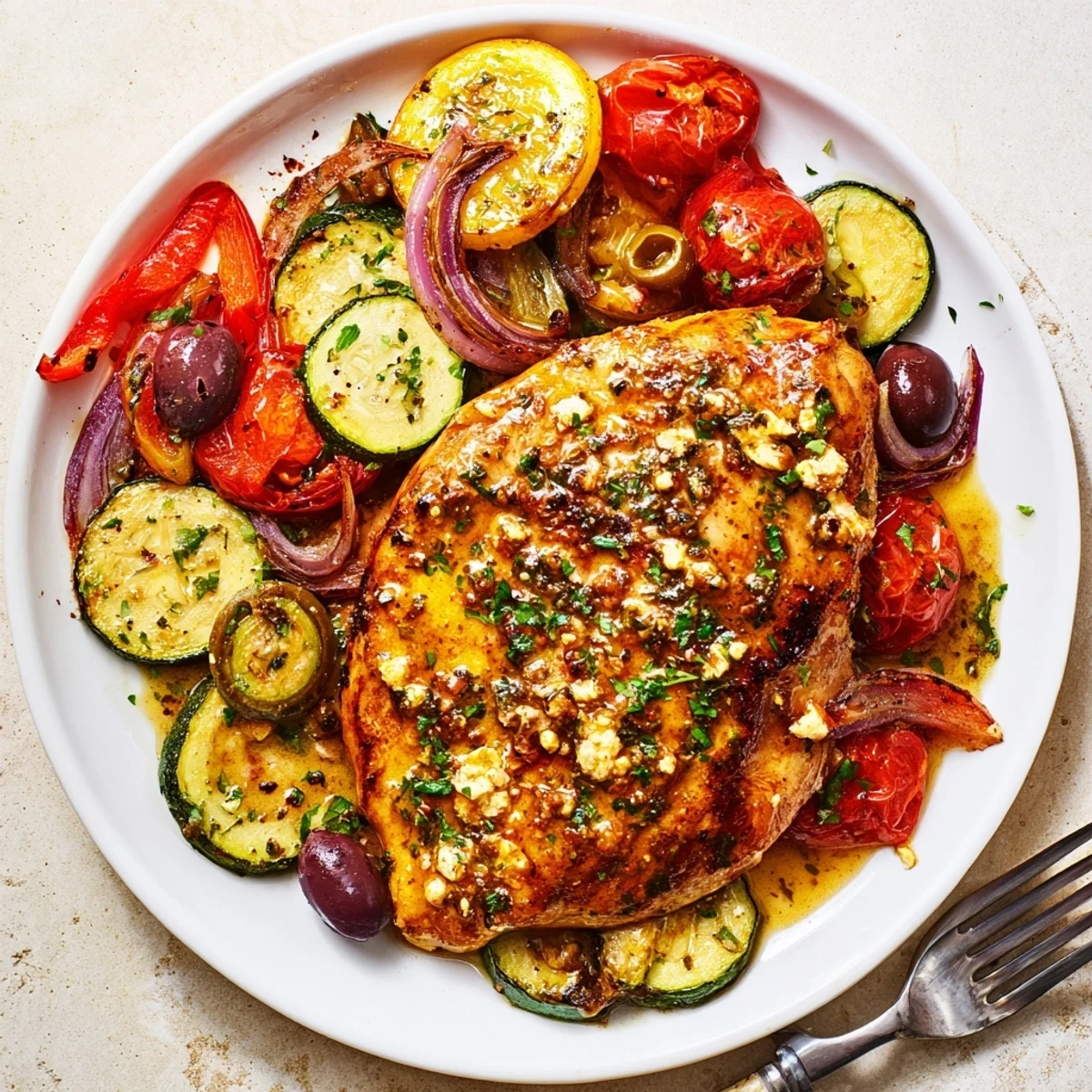Citrus bright Sheet Pan Mediterranean Chicken Zucchini served hot with pan juices and parsley