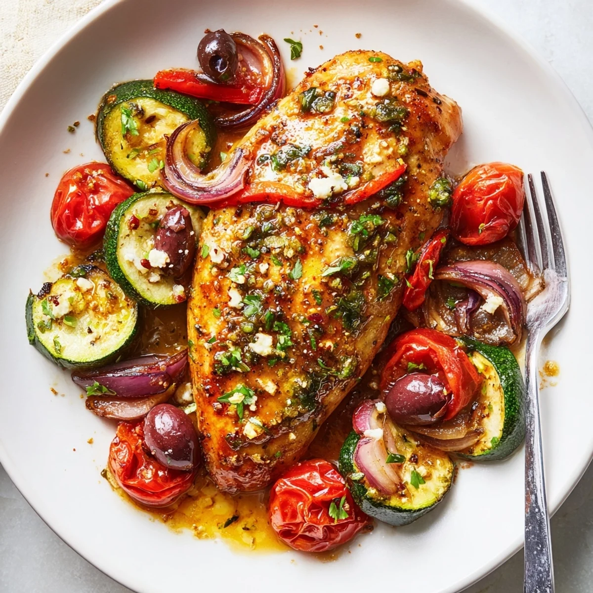 Oven roasted Sheet Pan Mediterranean Chicken Zucchini plated with warm pita and sprinkled parsley