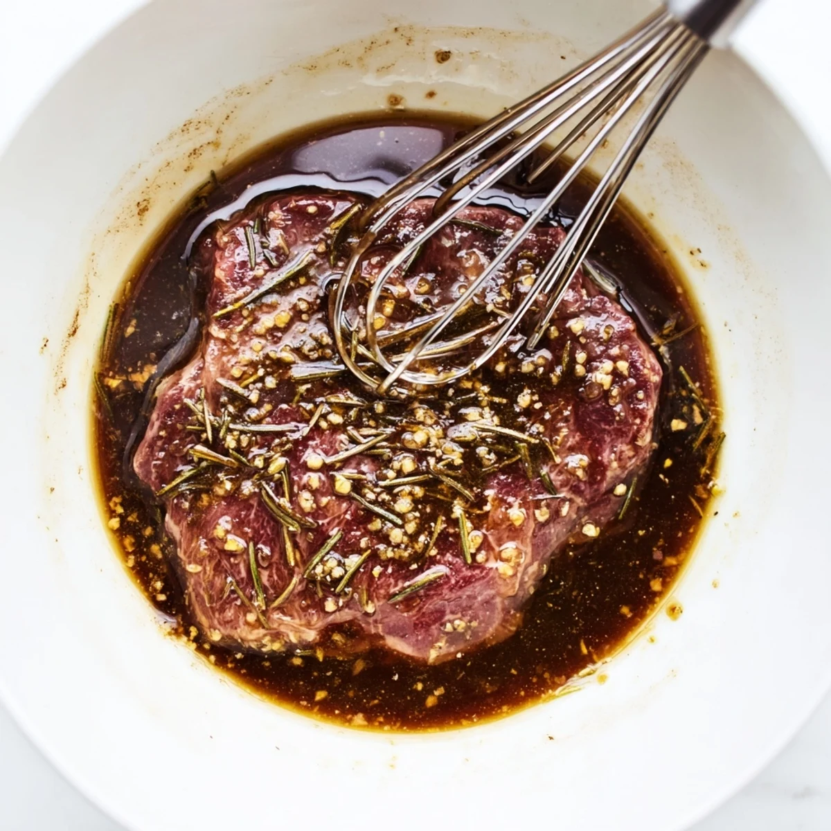 Steak Marinade glistening on raw ribeye, garlic and rosemary scent evident