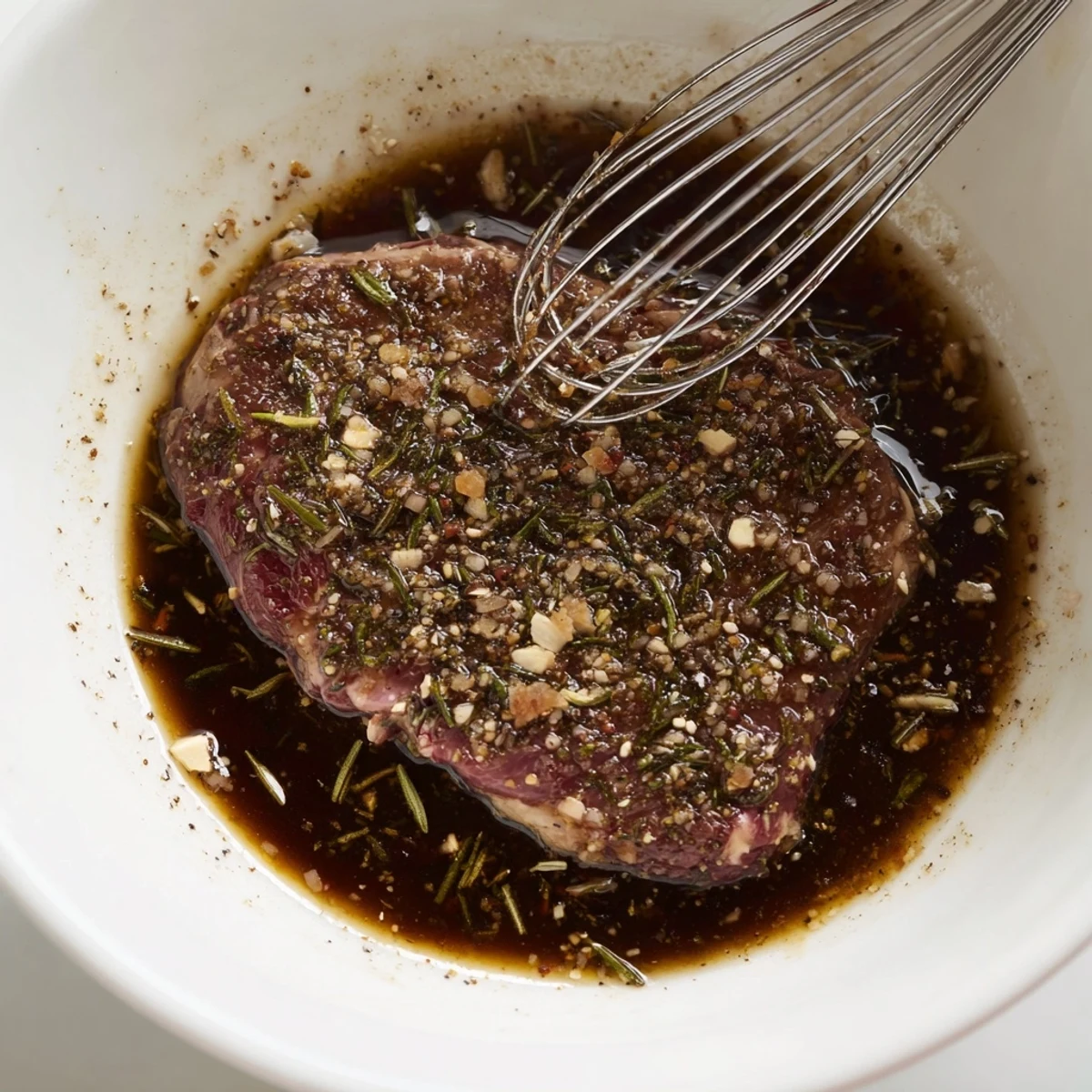Homemade Steak Marinade poured over steaks before grilling, tangy balsamic aroma