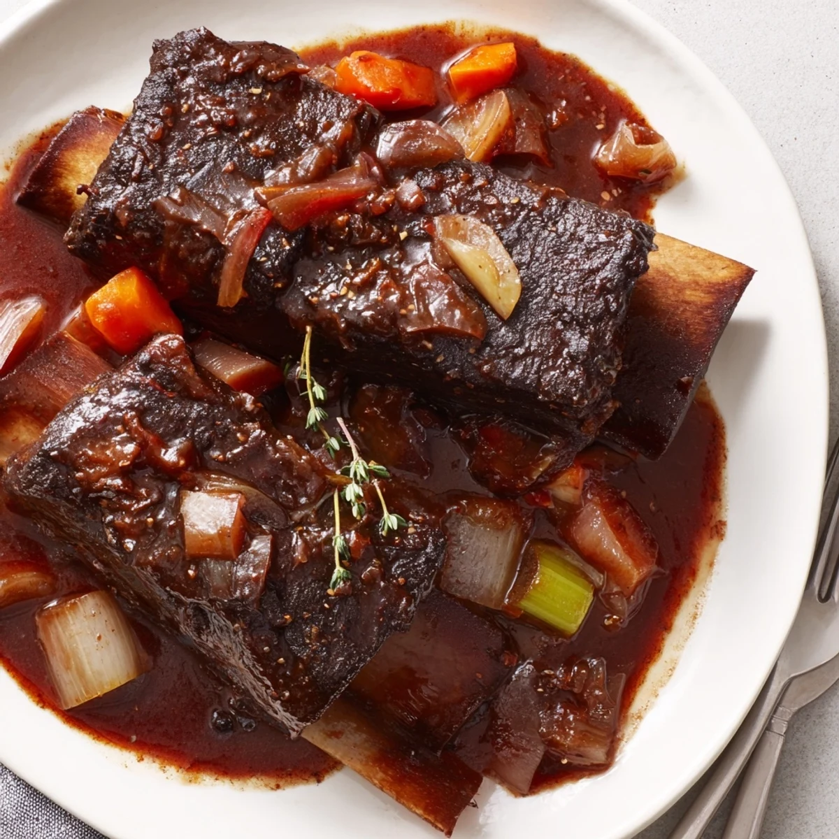 Slow Cooker Beef Short Ribs served hot over creamy mashed potatoes, glossy jus