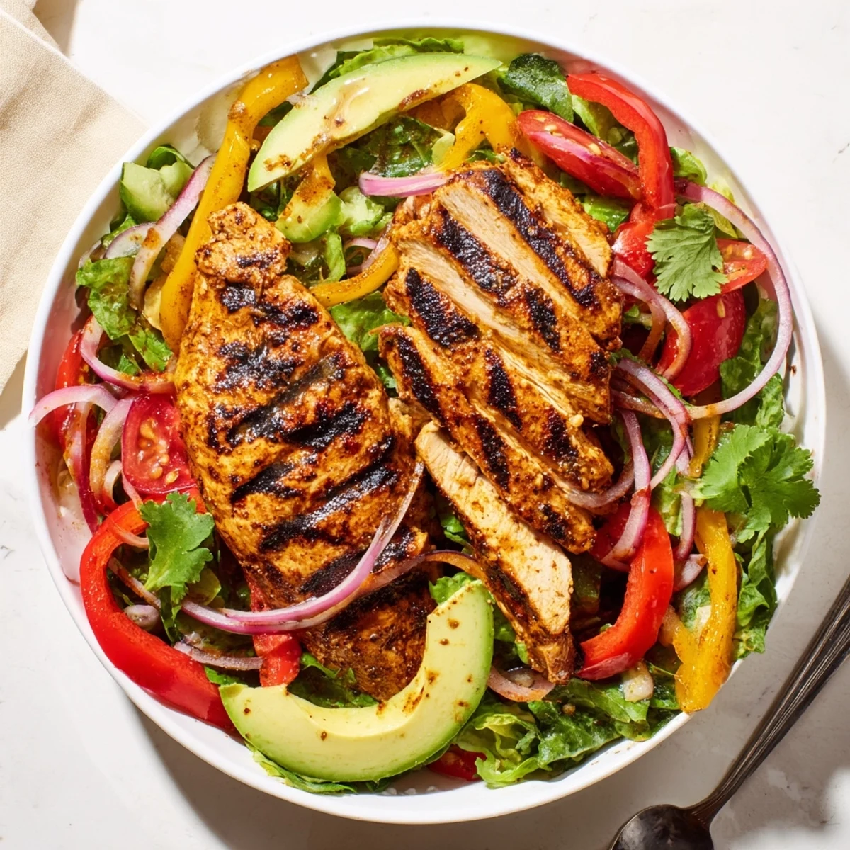 Grilled Chicken Fajita Salad Recipe showcasing juicy, charred chicken over crisp greens