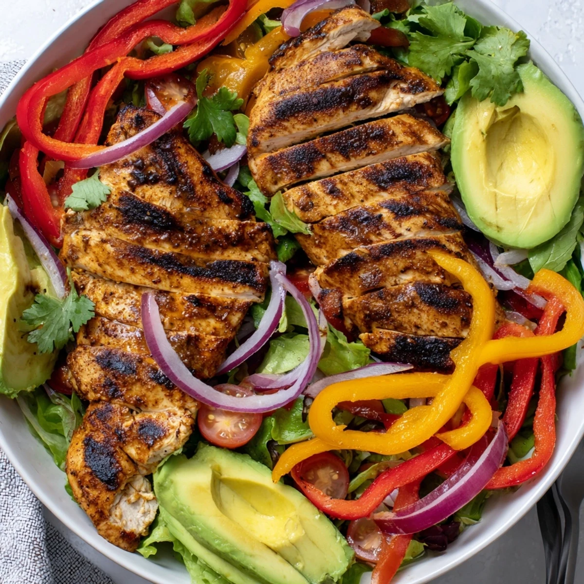 A colorful Grilled Chicken Fajita Salad Recipe with smoky chicken, sliced avocado