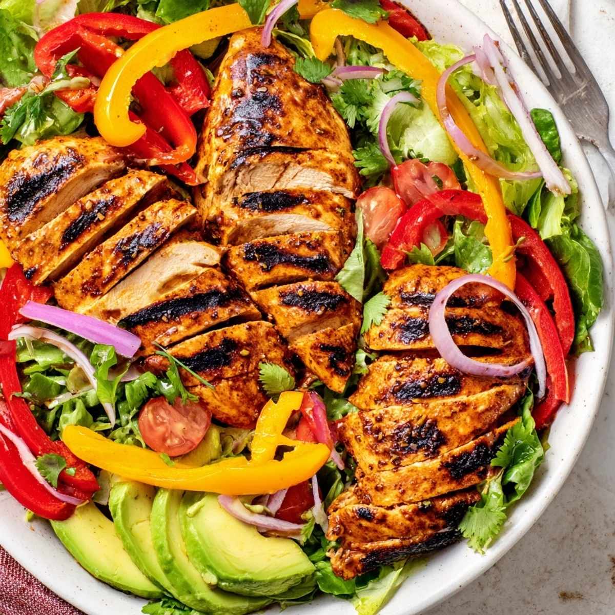 Served warm, Grilled Chicken Fajita Salad Recipe brightened by zesty lime drizzle