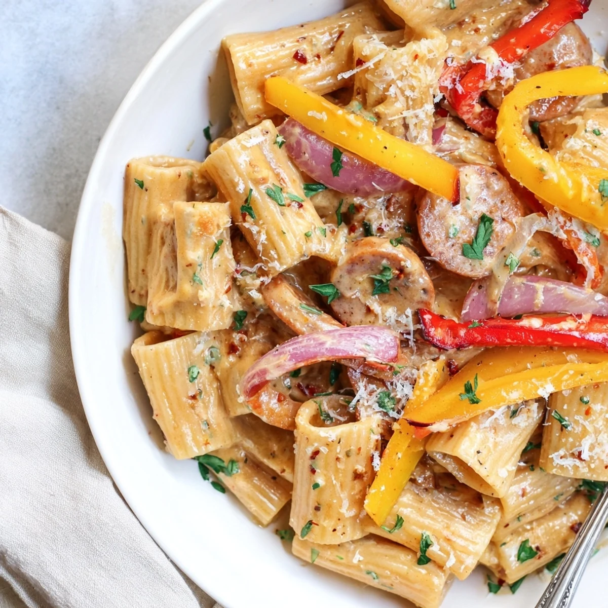 Skillet Cajun Sausage Pasta with browned Andouille, sautéed peppers, silky sauce.