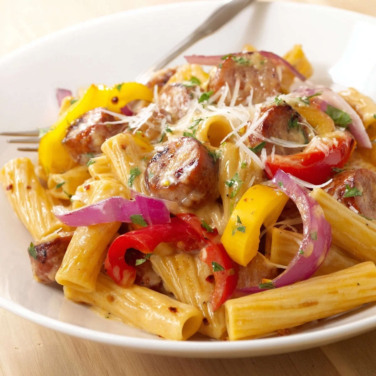 Steaming Cajun Sausage Pasta with creamy sauce, smoky sausage, bright peppers.