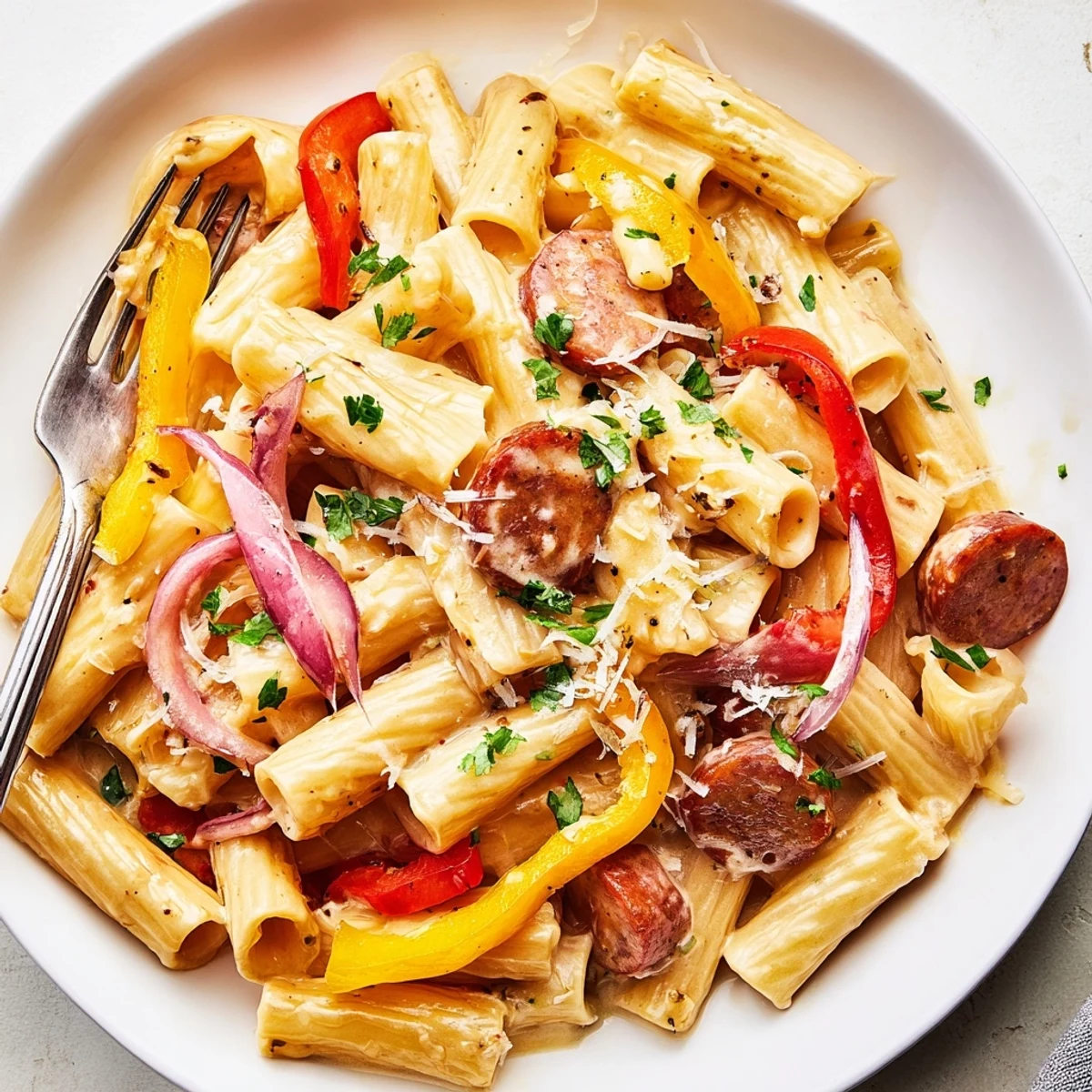 Weeknight Cajun Sausage Pasta served hot, garnished with parsley and Parmesan.