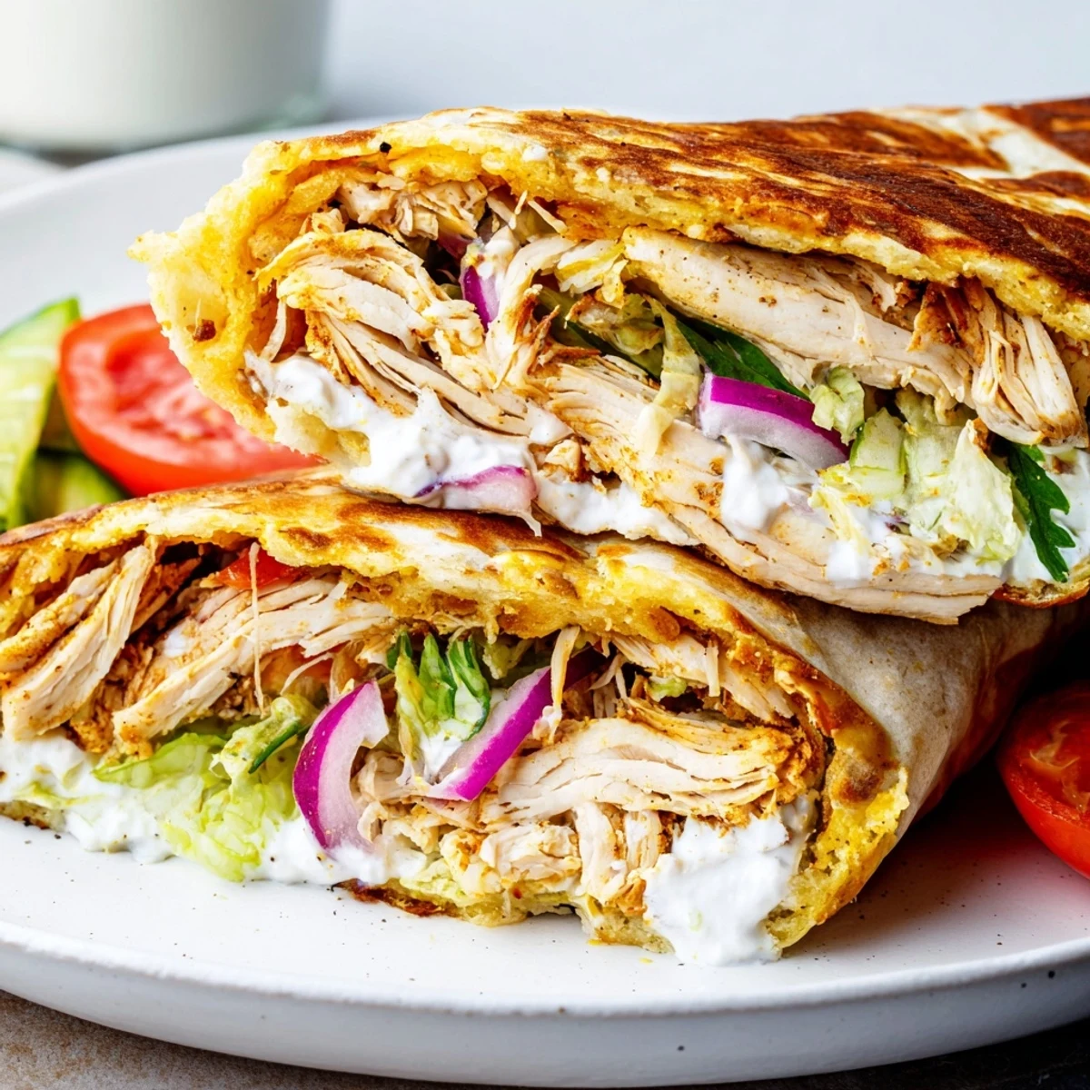 High Protein Crispy Cottage Cheese Flatbread Chicken Wraps served warm with juicy tomato slices