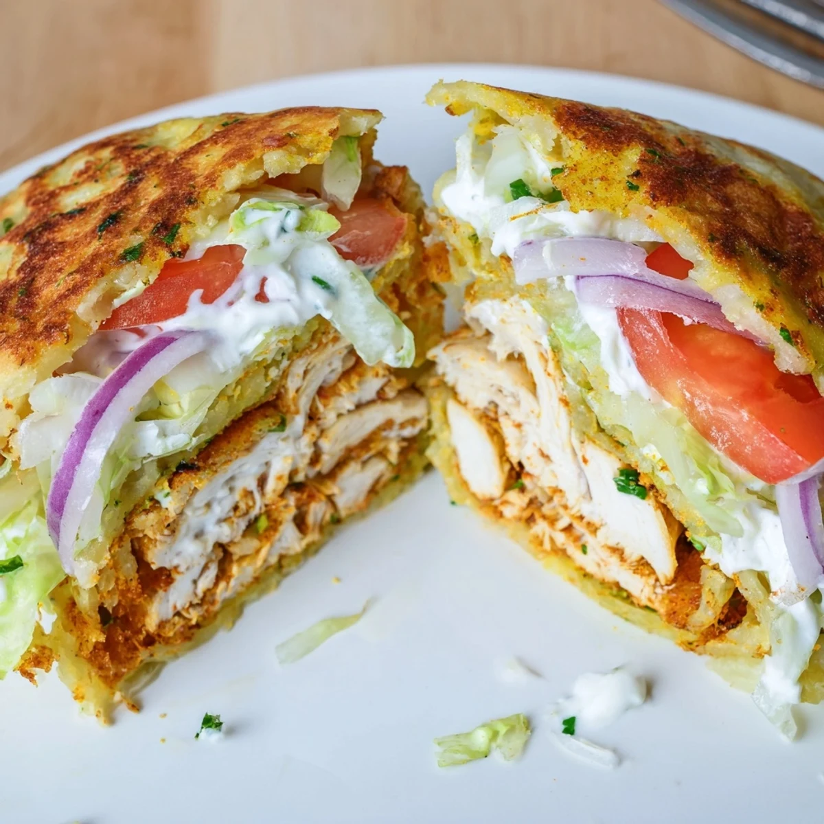 High Protein Crispy Cottage Cheese Flatbread Chicken Wraps with golden edges and tender shredded chicken