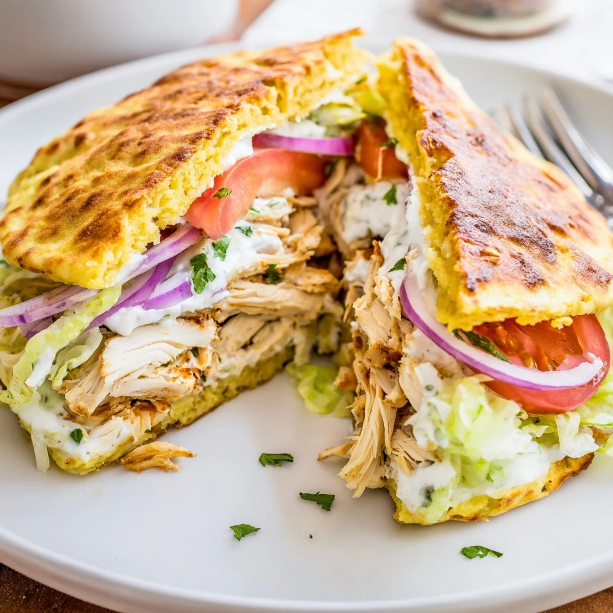 High Protein Crispy Cottage Cheese Flatbread Chicken Wraps sliced in halves, garnished with fresh herbs