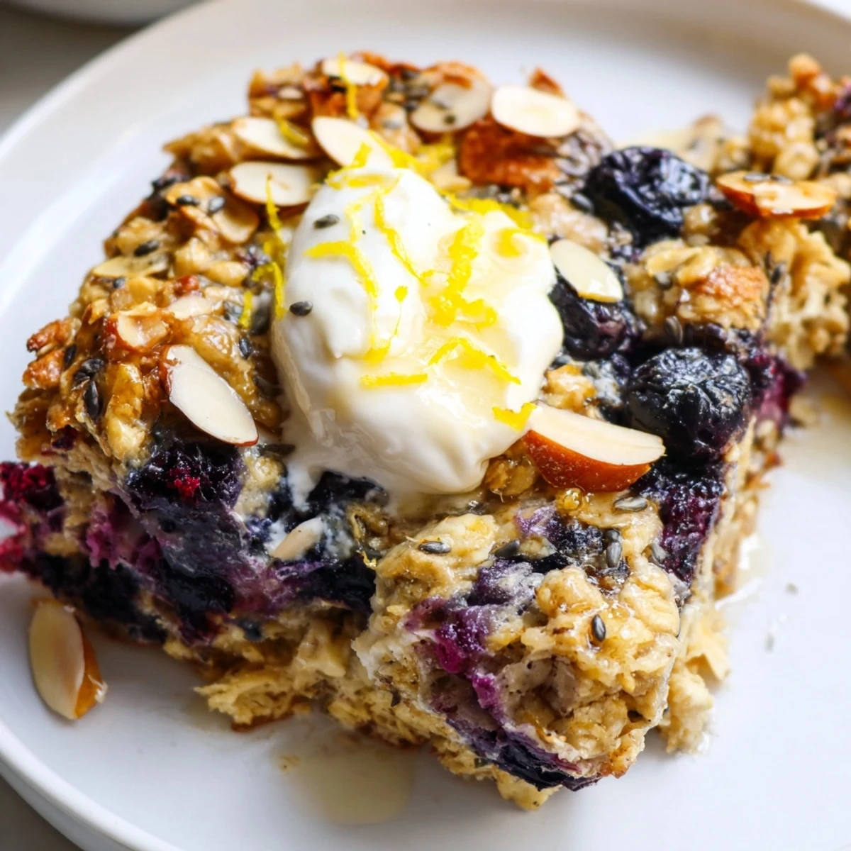 High Protein Lemon Blueberry Breakfast Bake with golden top, juicy berries  