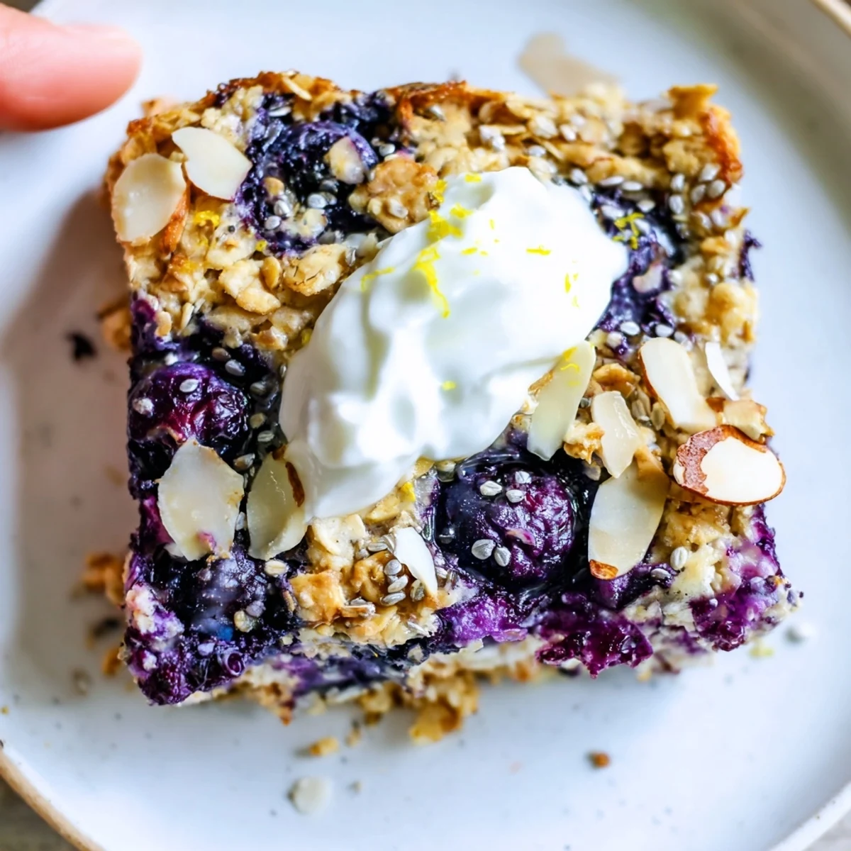 Bright, tangy High Protein Lemon Blueberry Breakfast Bake cooling in baking dish