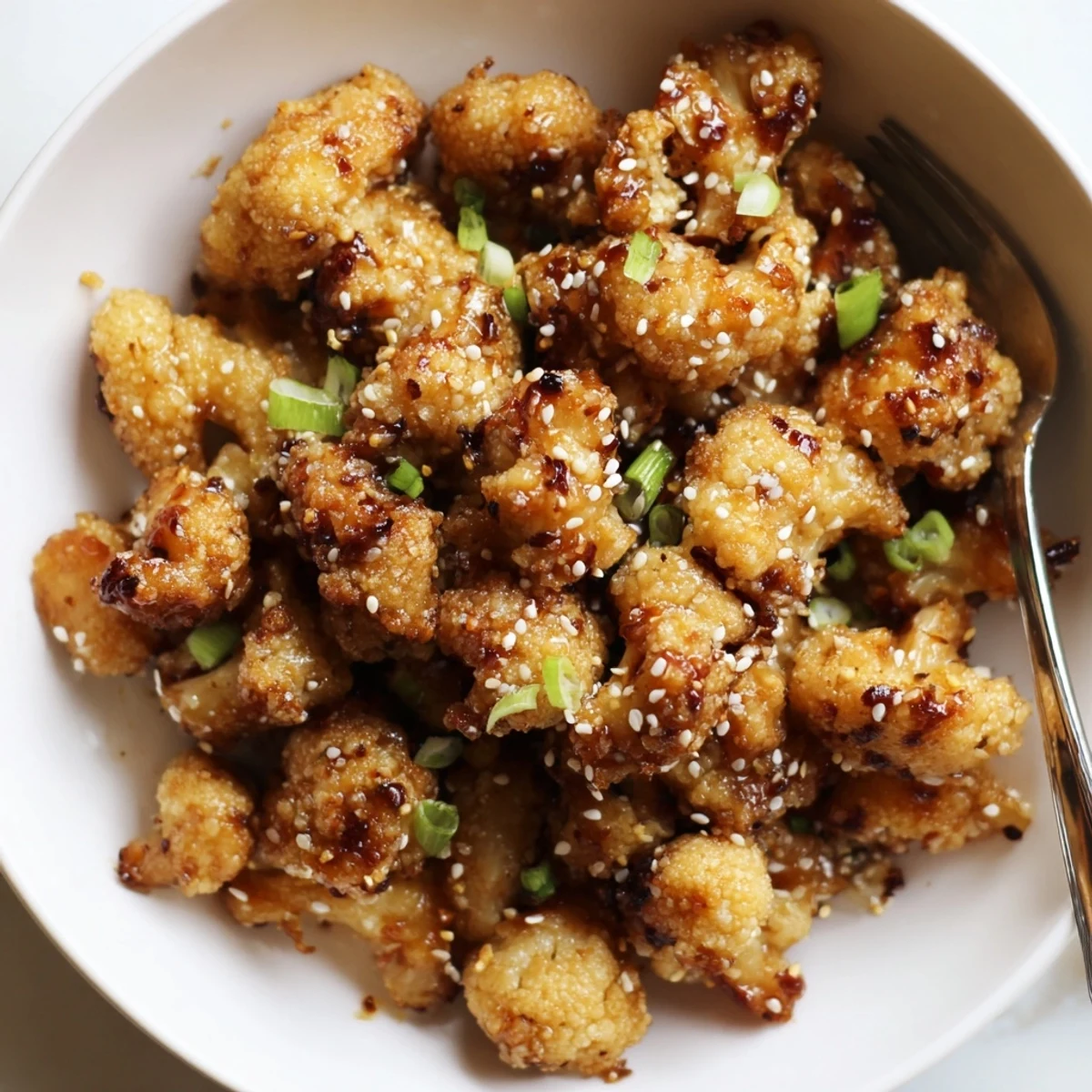 Sticky Honey Garlic Cauliflower piled on a plate, glossy sauce glistening