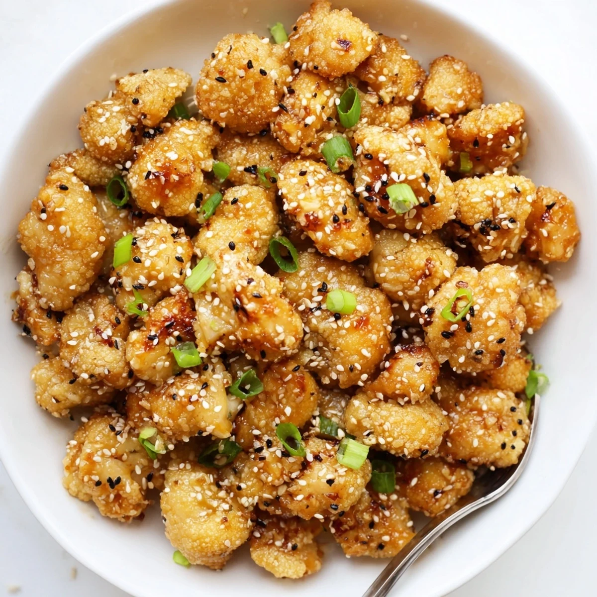 Oven-baked Sticky Honey Garlic Cauliflower served over steamed rice, sticky sweet aroma
