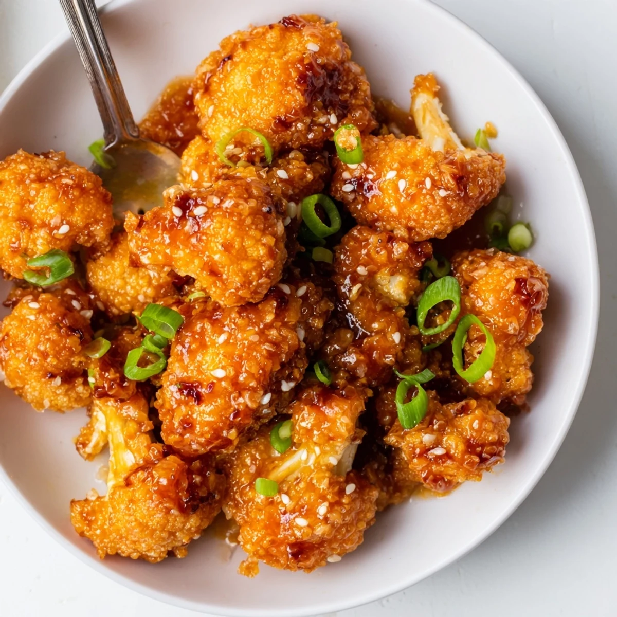 Crispy Sticky Honey Garlic Cauliflower tossed with sesame seeds and sliced scallions