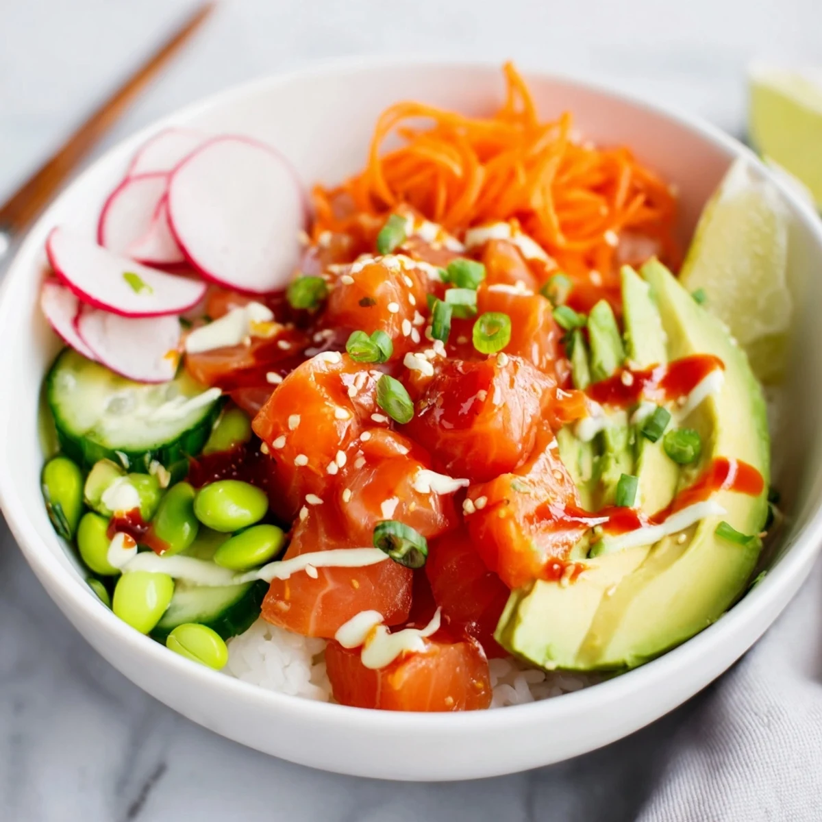 Salmon And Avocado Poke Bowl over sushi rice, glossy salmon, creamy avocado