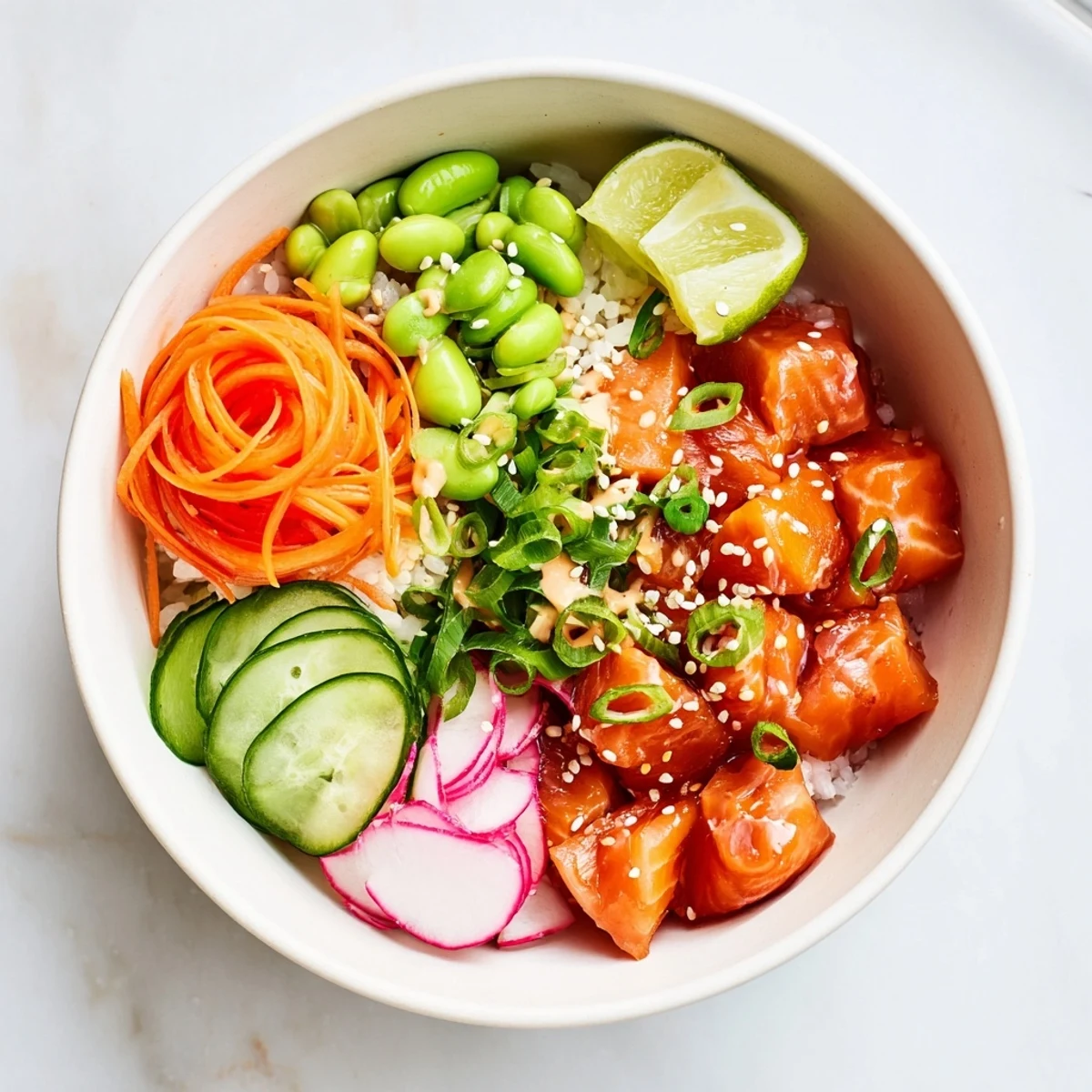 Bright Salmon And Avocado Poke Bowl on rice, crisp cucumber, sesame sprinkle