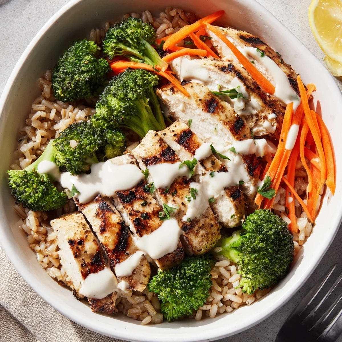 Healthy Grilled Chicken Broccoli Bowls With Creamy Garlic Sauce, sliced chicken steaming