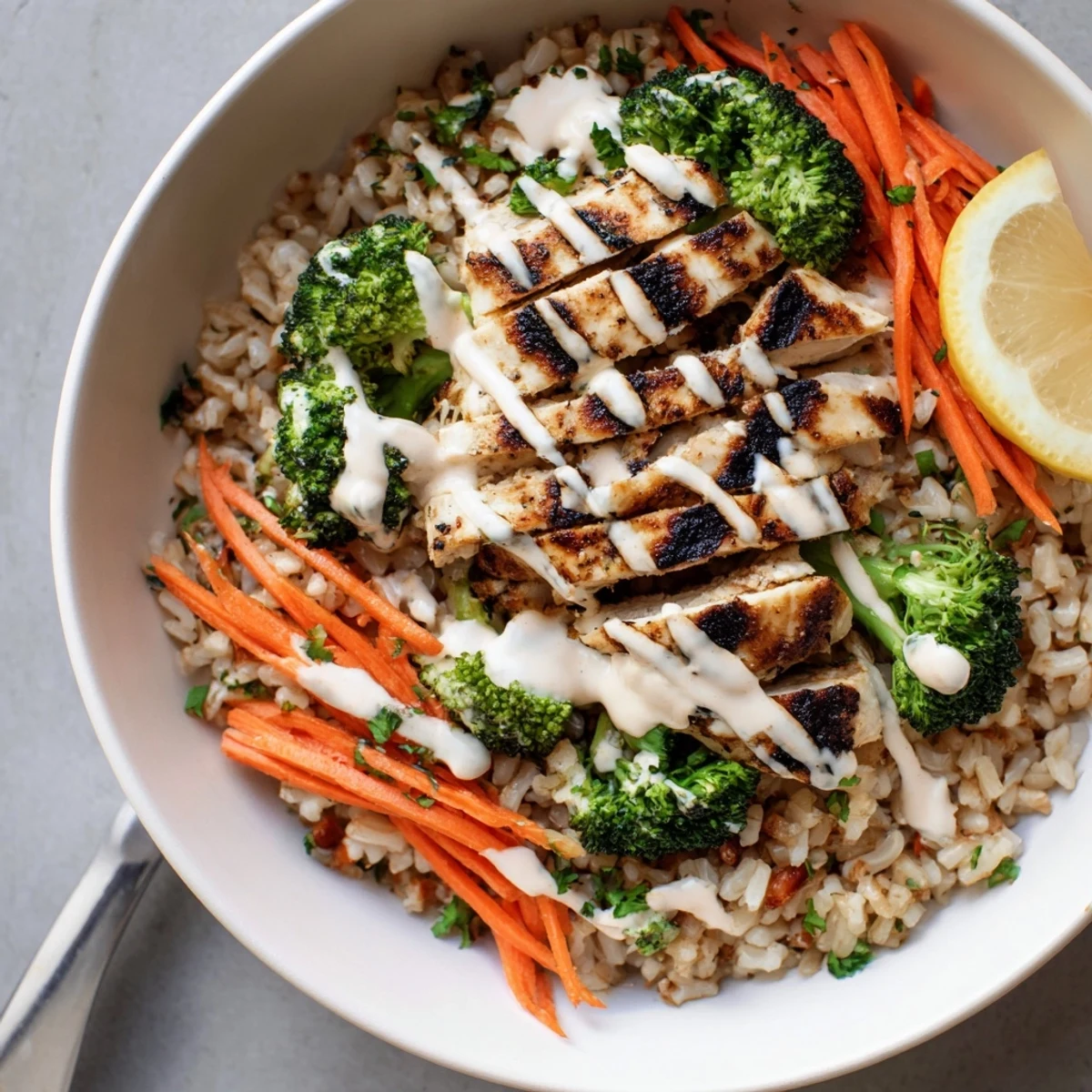 Sliced lemon, tender chicken in Healthy Grilled Chicken Broccoli Bowls With Creamy Garlic Sauce