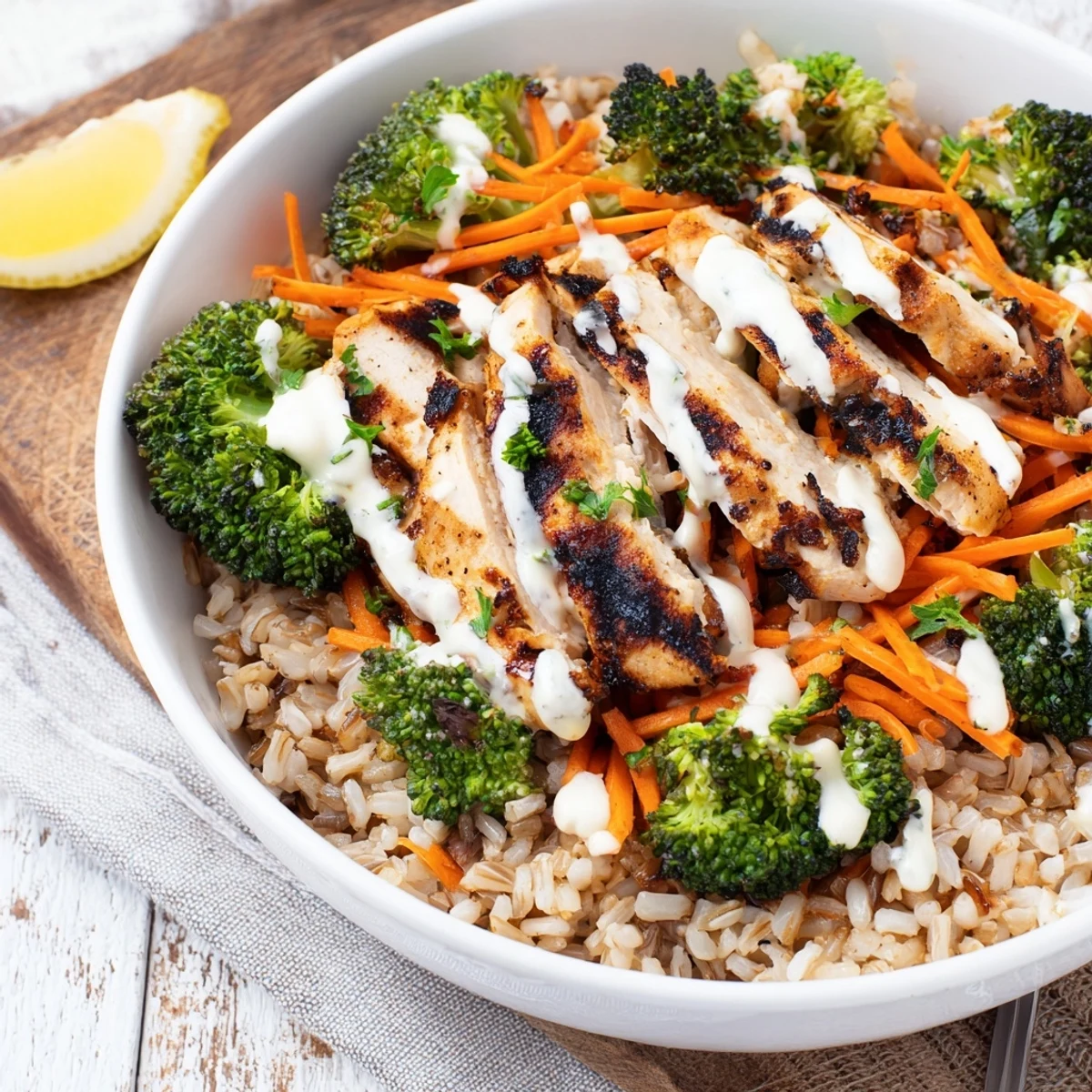 Healthy Grilled Chicken Broccoli Bowls With Creamy Garlic Sauce, silky sauce drizzled over grains