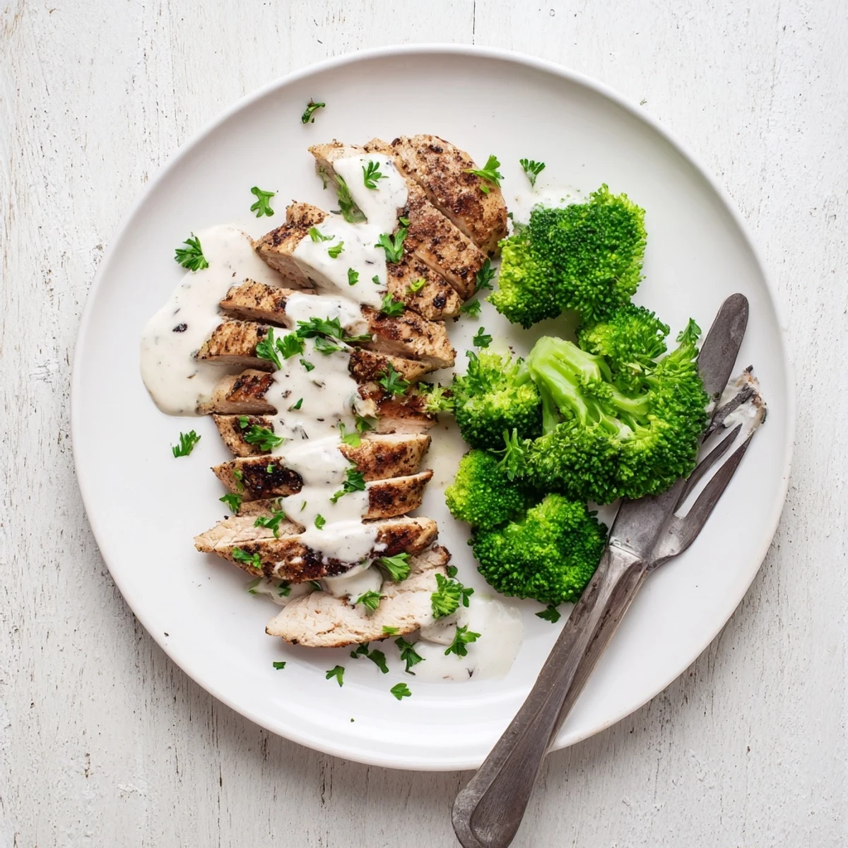 Healthy grilled chicken broccoli bowls drizzled with creamy garlic sauce over rice