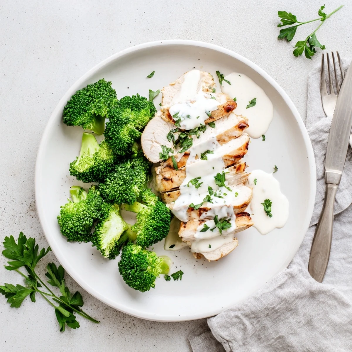 Sliced grilled chicken and crisp broccoli topped with rich garlic yogurt sauce